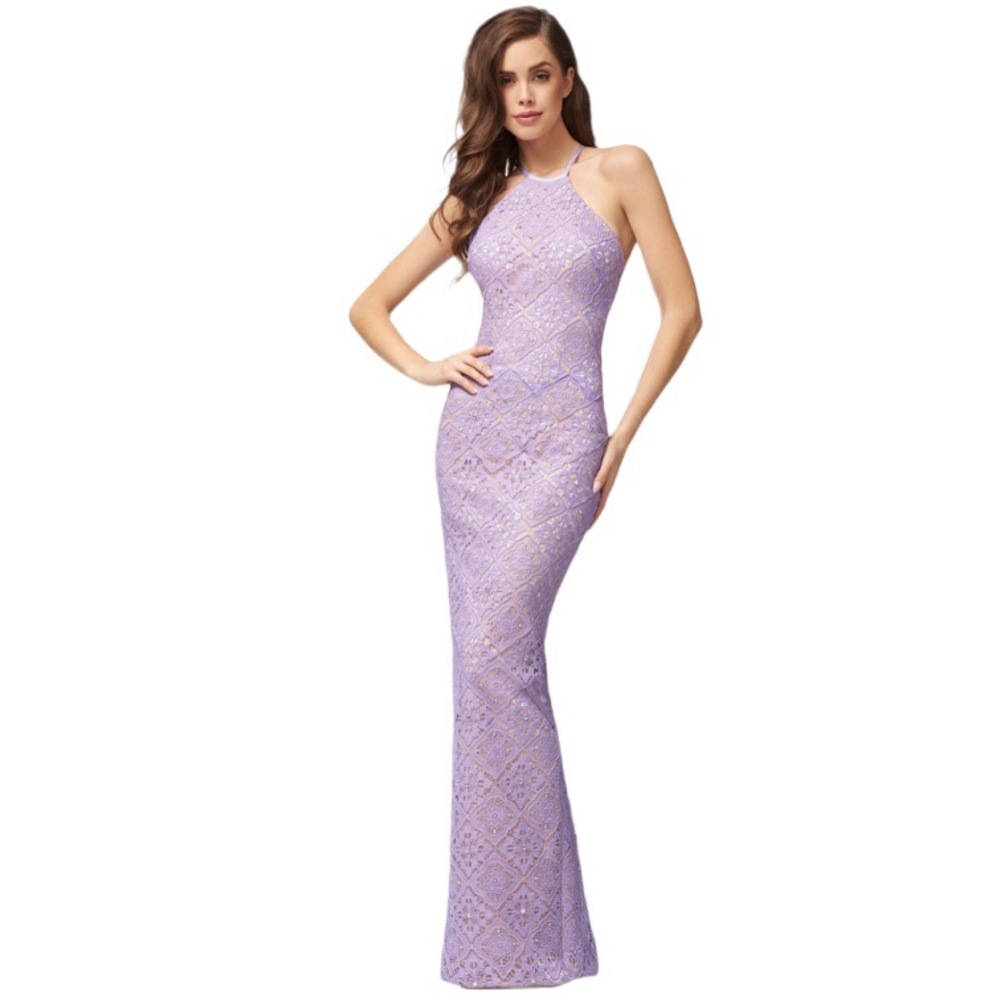 Colette for Mon Cheri Lace Halter Gown in Lilac/Nude